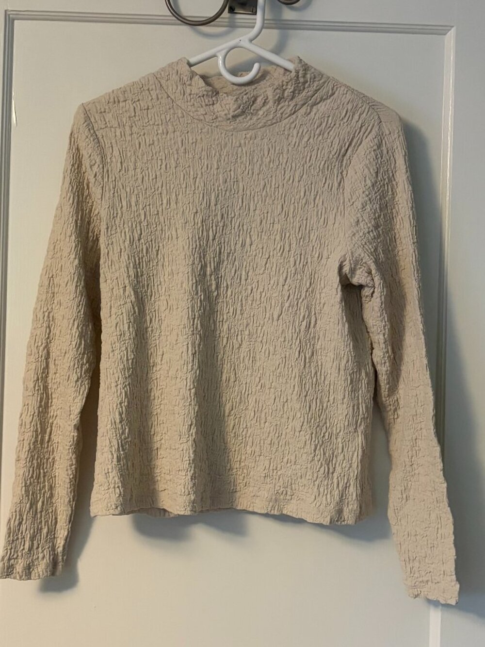 Renuar crinkle texture mock neck blouse size small NWT neutral minimalist